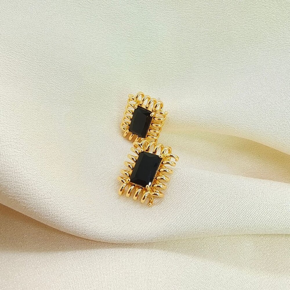 Copper Gold Plated Rectangular Black Stud Earring… - image 1